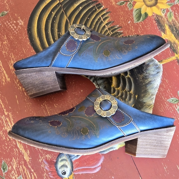 L'Artiste Spring Step Zoozi Western Leather Slipon Mules Shoes Rhinestone Buckle - Picture 3 of 12